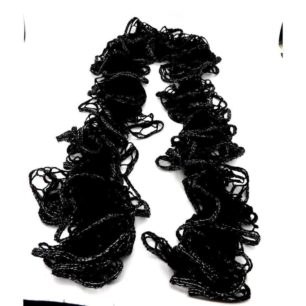 Handmade Lady's Black Ruffle Scarf Crochet w./ Silver Accents 54"